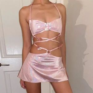 Pink Rave Festival Two Piece Skirt Set Small
